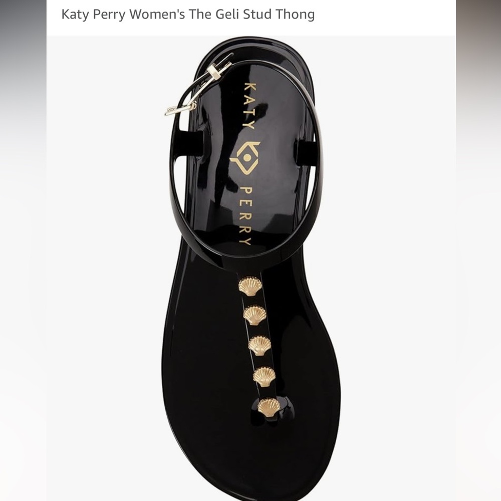 NWT KATY PERRY BLACK seashell 🐚 The Geli Stud Thong shoes black gold 6